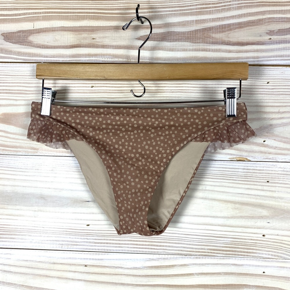 Ella Moss Bikini Bottoms Women Medium Tan Polka Dot Ruffle Mesh‎ Swimwear